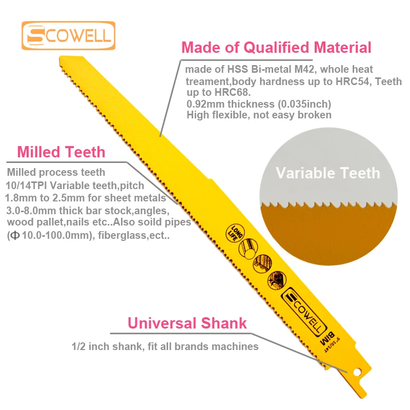 20 embalagem SCOWELL 9 "IN 10/14TPI Dentes variáveis Bimetálico M42 Sabre de demolição Lâminas de serra alternativas para multiuso