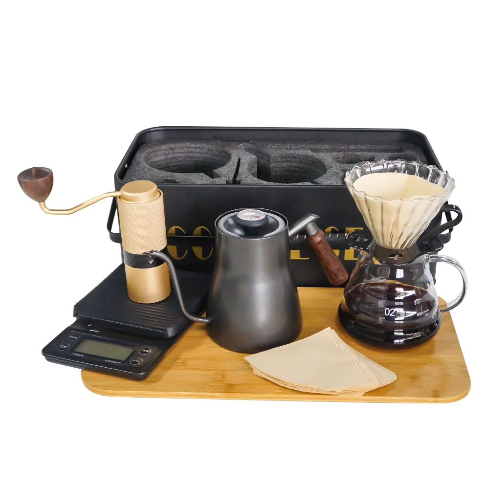 Coffee Tools Kit Luxury Coffee Set Gift Box with Coffee Kettle Grinder Filter Paper Dripper Server Pot Black Metal Box