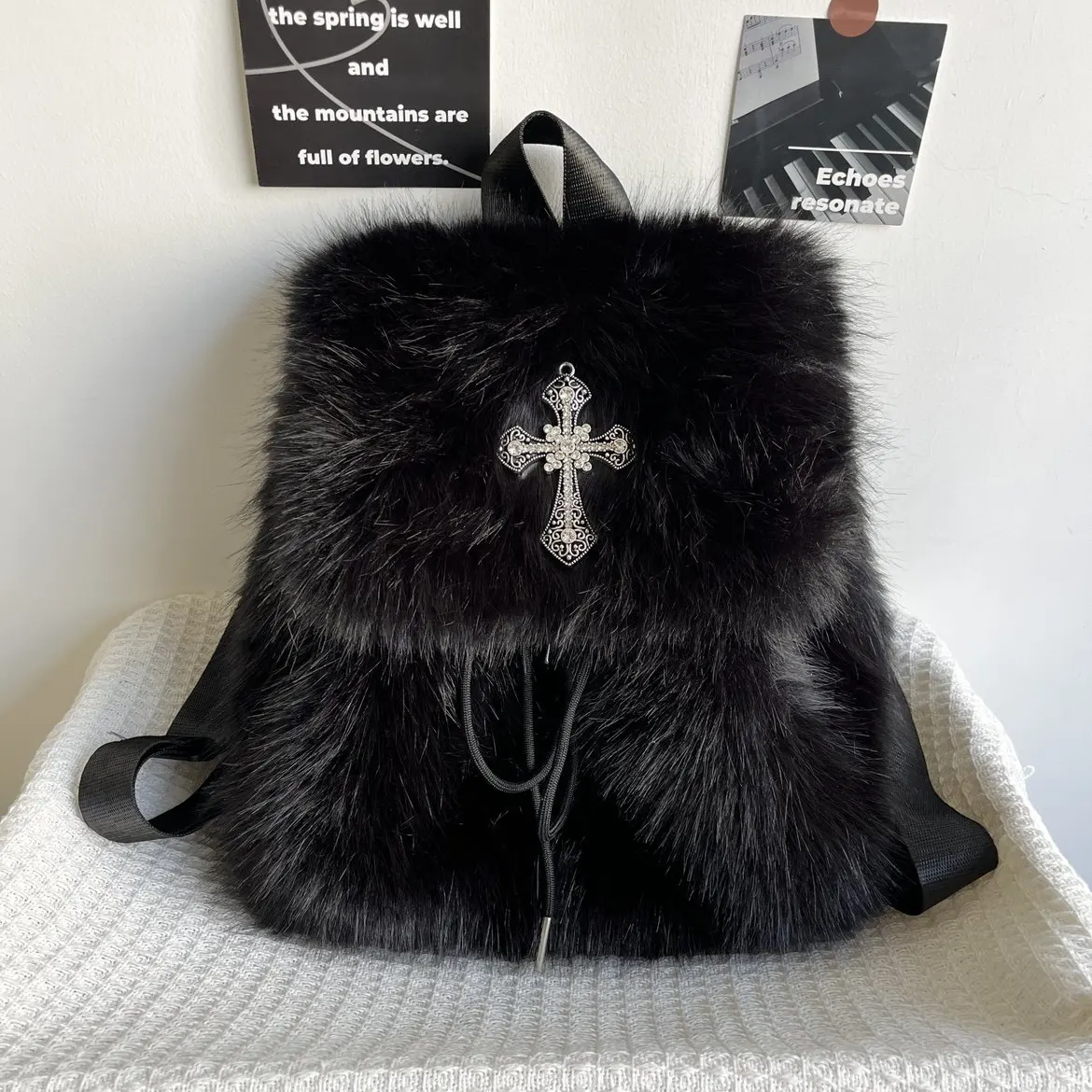 

Original Gothic Cross Backpacks Black Plush Backpack Y2K Autumn Winter Design Hot Girl Backpack