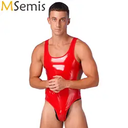 Swimwear Mens One-Piece Swimsuit Pool Party Swimwear Wet Look Patent Leather Bodysuit Open Back U Neck Sleeveless Jumpsuit