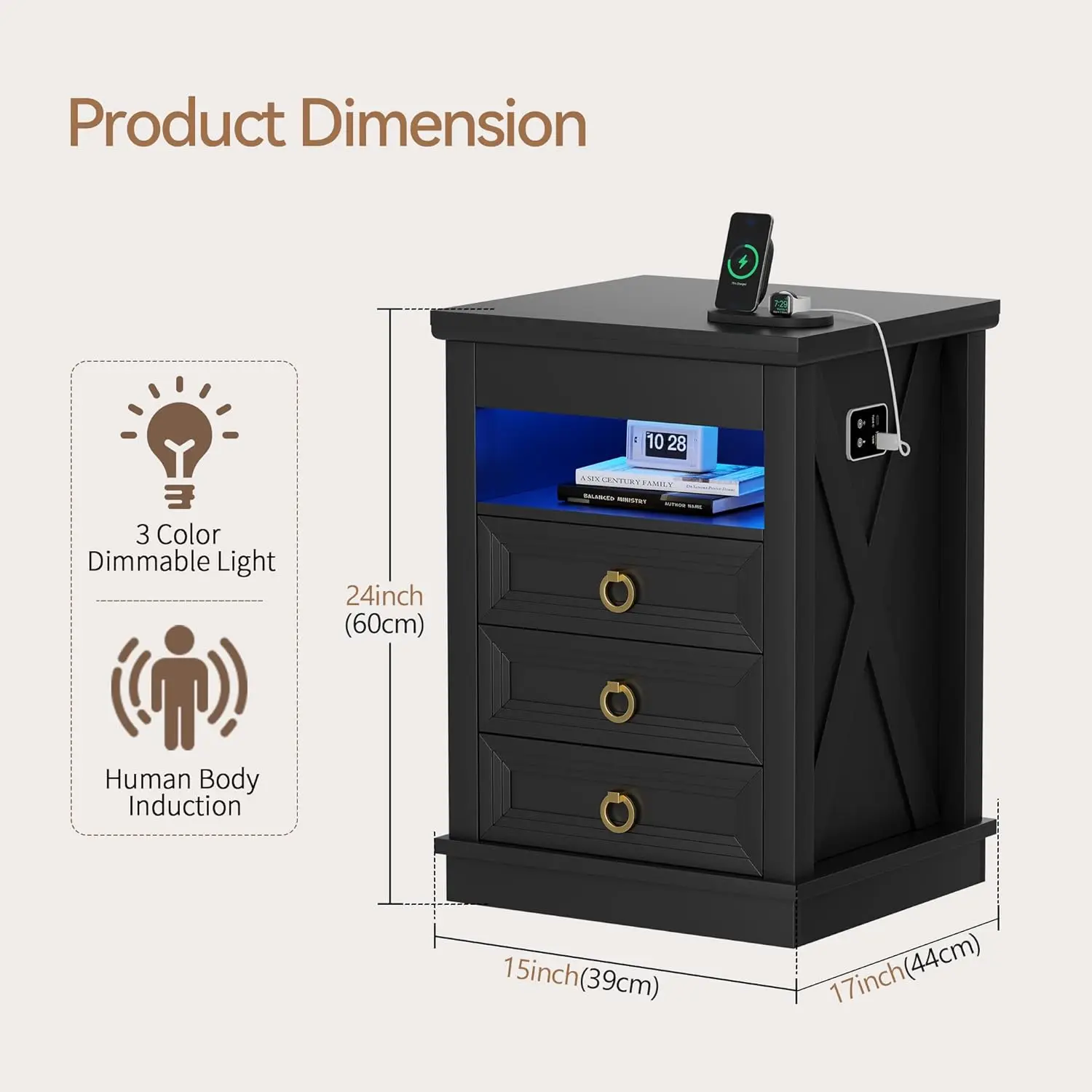 LED Nightstand with Lockable Drawer & Sensor, USB & Type-C Charging, 3 Dimmable Lights, 3 Drawers Farmhouse Style, Customized