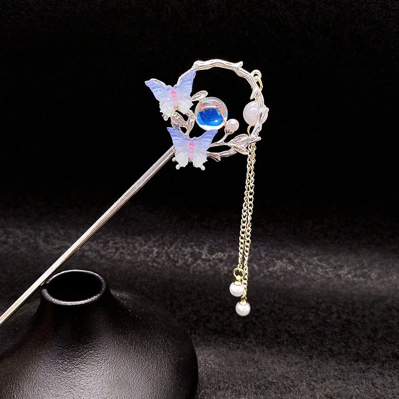 고대 스타일 나비 태슬 머리핀 레트로 니치 고급형 코일 헤어웨어 신중국풍 한복 스텝 쉐이킹 헤어핀