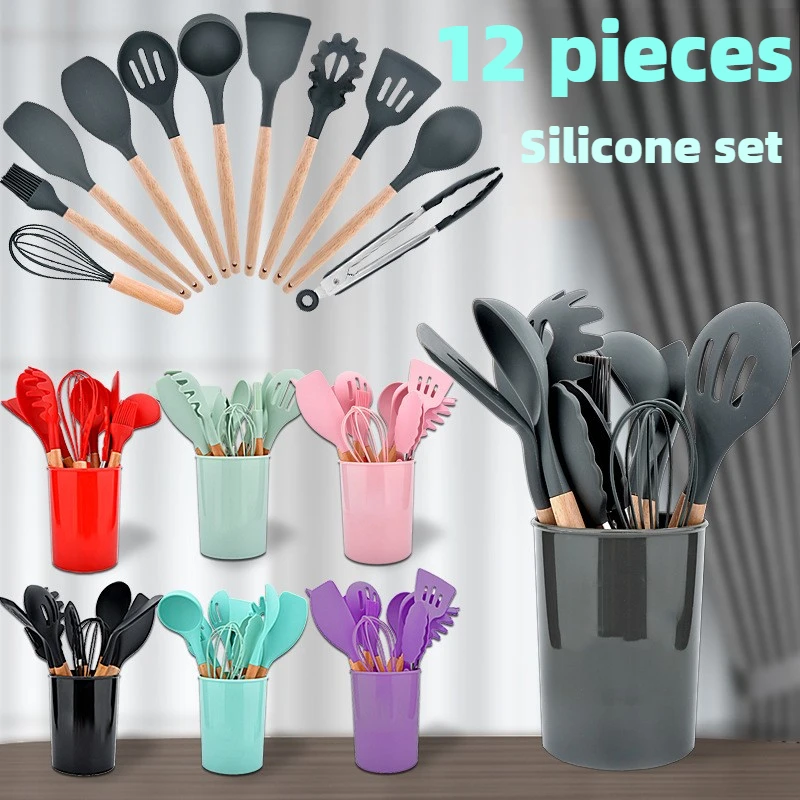 Heat-Resistant Silicone Wooden Handle Cooking Utensils 12-Piece Set Non-Stick Cooking Spatula Ladle For Home Kitchen Use