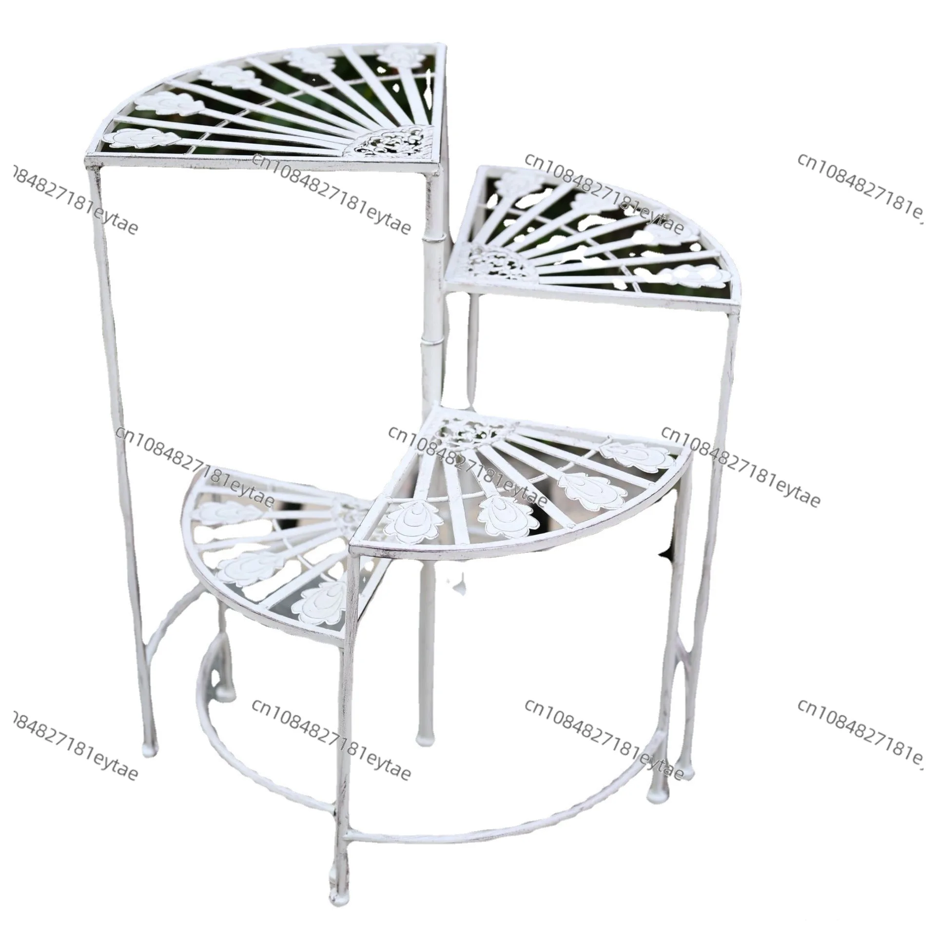 

Modern Simple Wrought Iron 4 Tier Fan Shaped Folding Rotating Flower Pot Stand for Outdoor Garden Villa Balcony