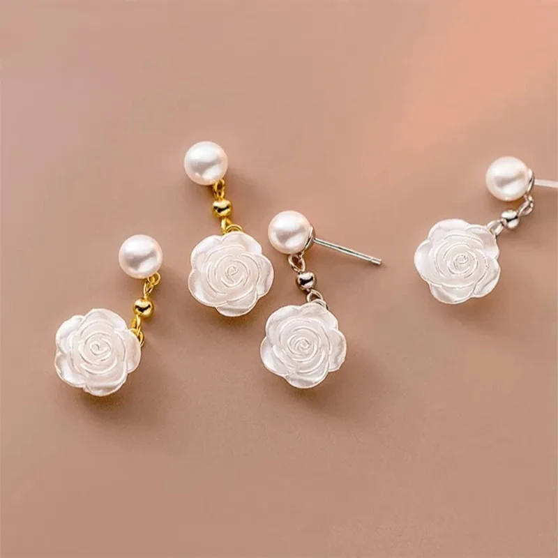 

Solid 925 Sterling Silver Flower Pearl Drop Dangle Earrings for Women Teens Wedding Party Jewelry