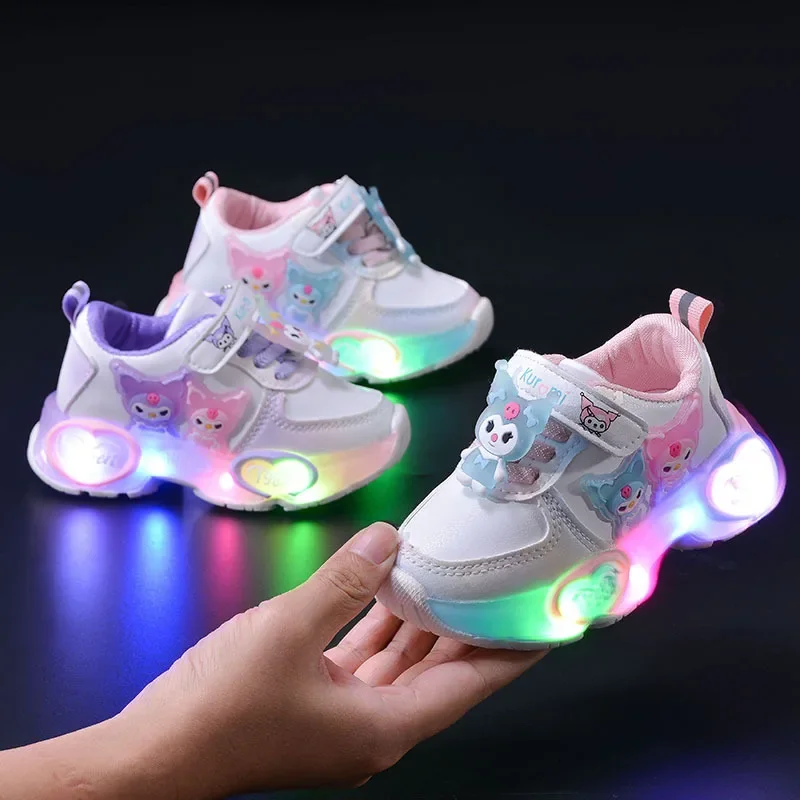 

Sanrio kuromi children lights sports shoes baby soft soles luminous board shoes hello kitty spring autumn girls new casual shoes