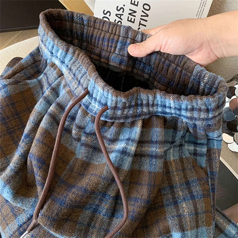 Plaid Wolle Breite Bein Hosen frauen Herbst Winter Plüsch Verdickt Gut Aussehende Casual Vielseitig Lose Elastische Taille Hosen Weibliche