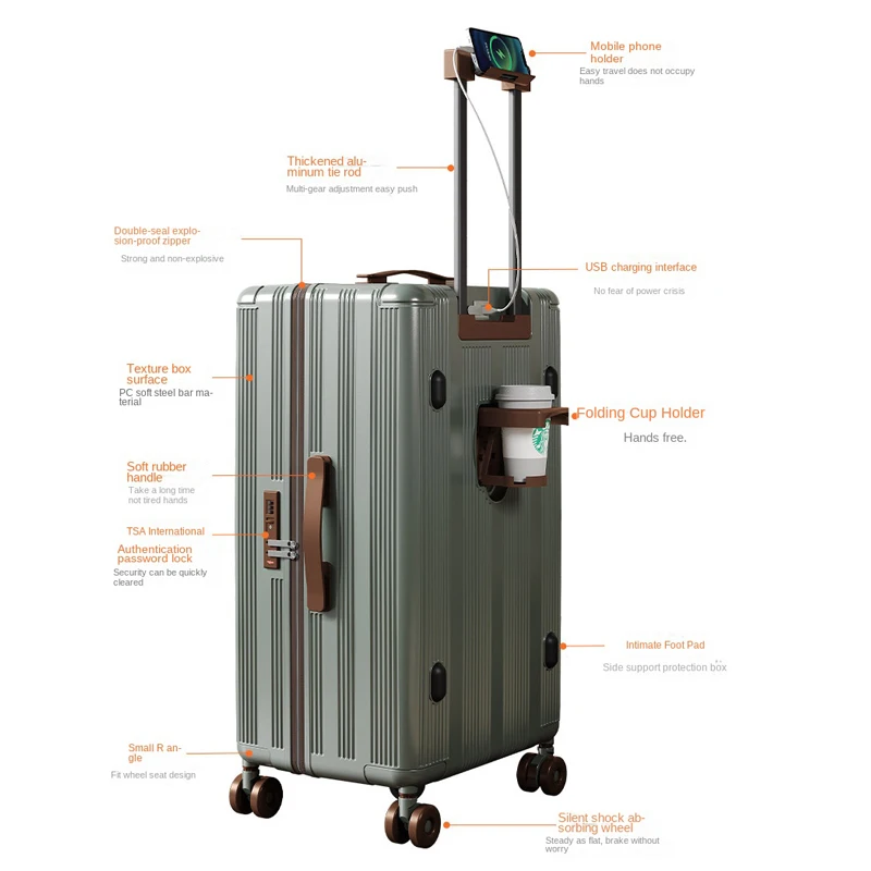 Retro Travel Suitcases with Silent Shock Absorbing Five Wheels Large Size Luggage Skalable Widen Carrier 28-inch Trolley Case