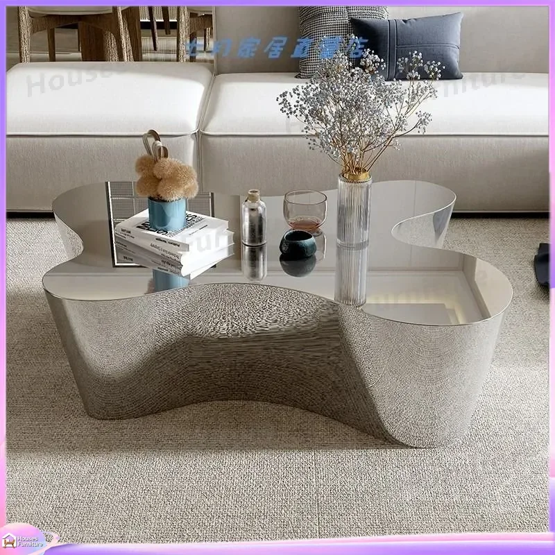 Modern Silver Mirror Coffee Table Water Ripple Design Stainless Steel Luxury Living Room Furniture Creative Small Apartment