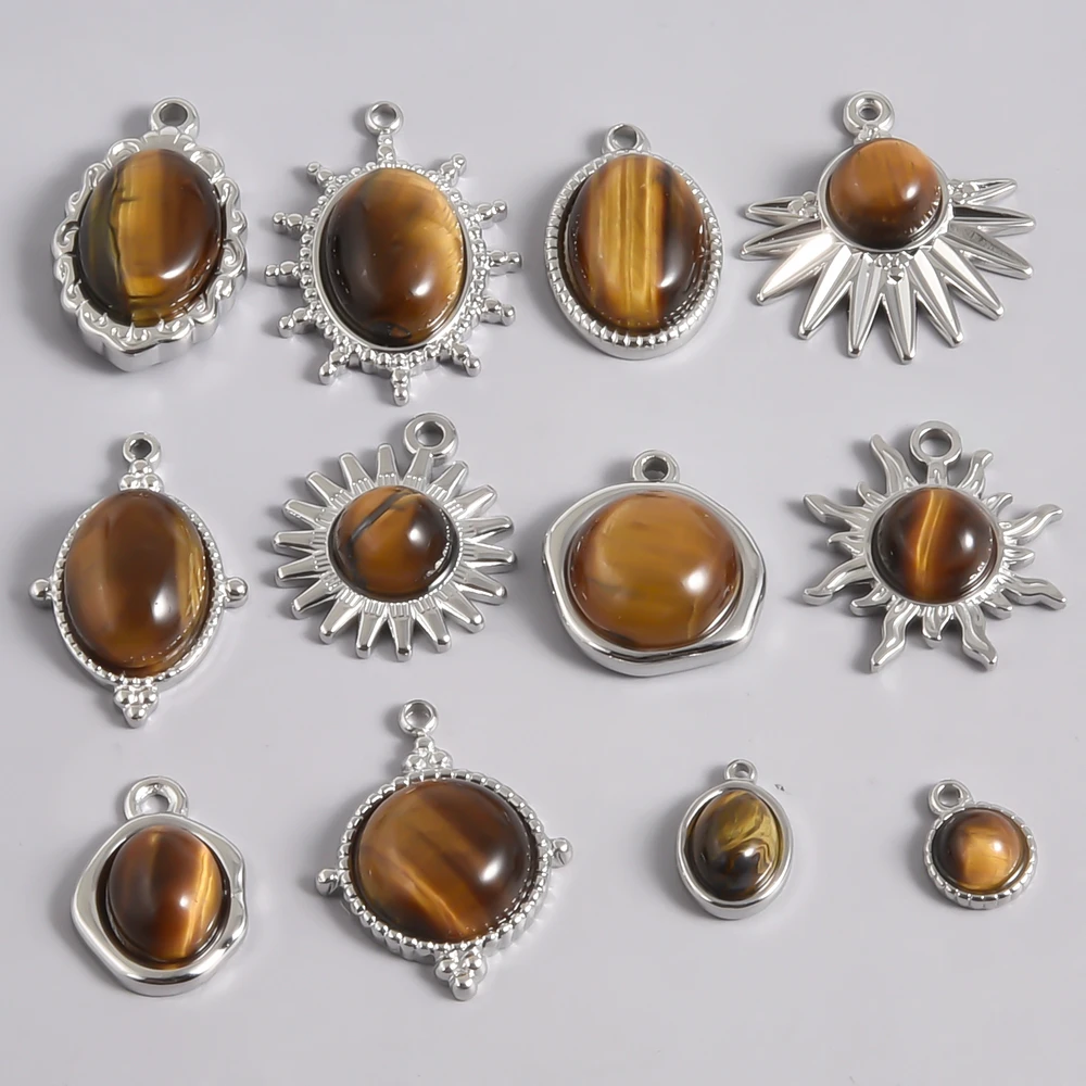 2pcs Vintage Tiger Eye Pendant Sun Oval Round Silver Color Stainless Steel Charms For Jewelry Making Supplies Real Natural Stone