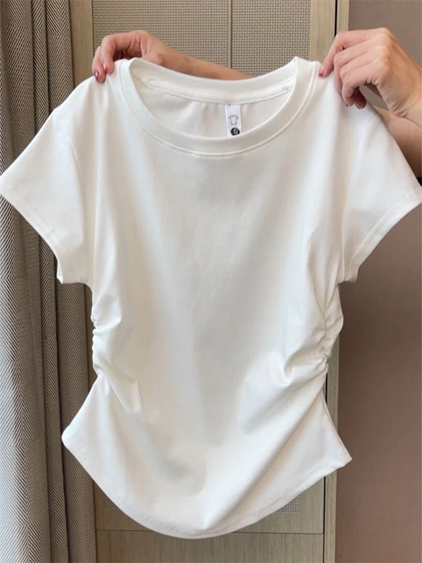 

plus Size Women's White Pleated ort Sve T-irt Slimming Waist Design Summer New Sle Korean Sle Commute Faion