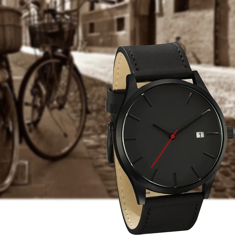 Fashion men's watch, large dial, leather strap, quartz watch