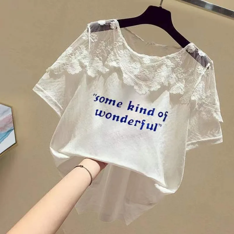 T Shirt for Women Baggy Short Sleeve Summer Outfit Graphic Tops Woman Mesh Lace Basic Youthful Clothes Clothing Pulovers Kpop