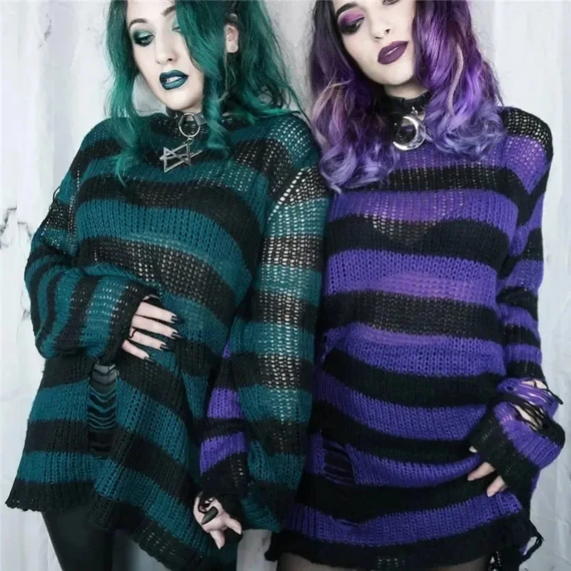 ZMZBCH Sexy Hollow Out Striped Long Sweaters Punk Gothic Cool Hole Broken Jumpers Over Size Loose Rock Dark  Pullovers Sweaters