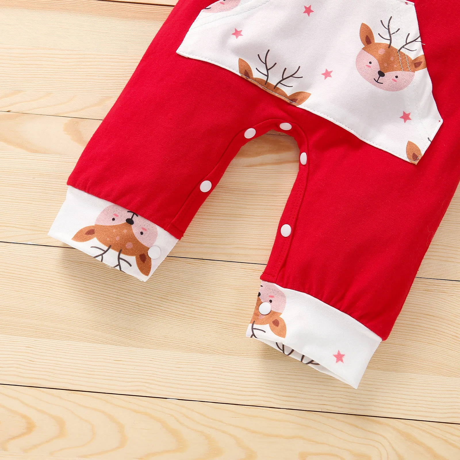 Autumn Baby Girl Deer Print Christmas Jumpsuit Long-Sleeved Front Patch Pocket Hooded Jumpsuit