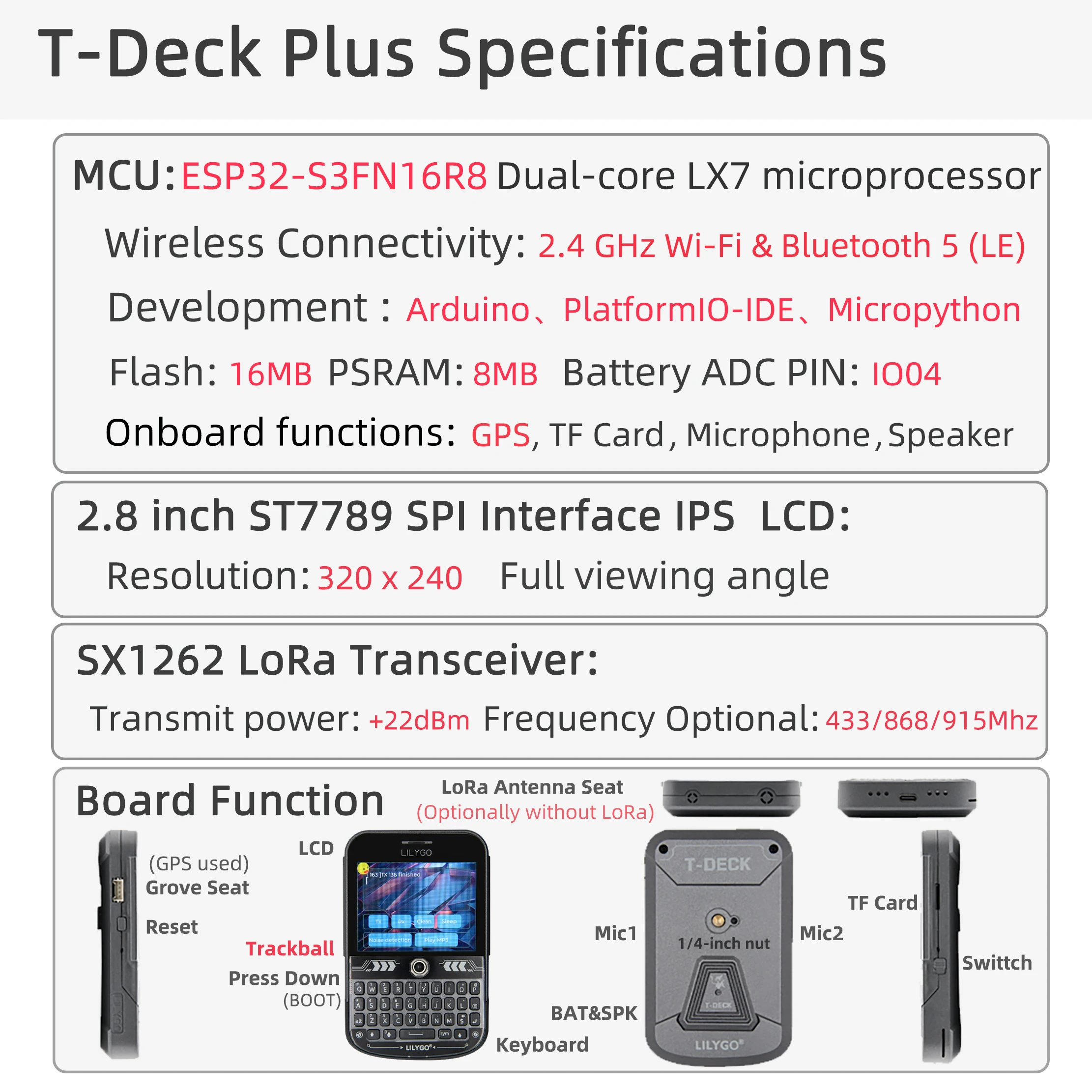 LILYGO® T-Deck Plus ESP32-S3 lora entwicklungs board lorawan geringer strom verbrauch fern kommunikation drahtloses modul – Detail 2