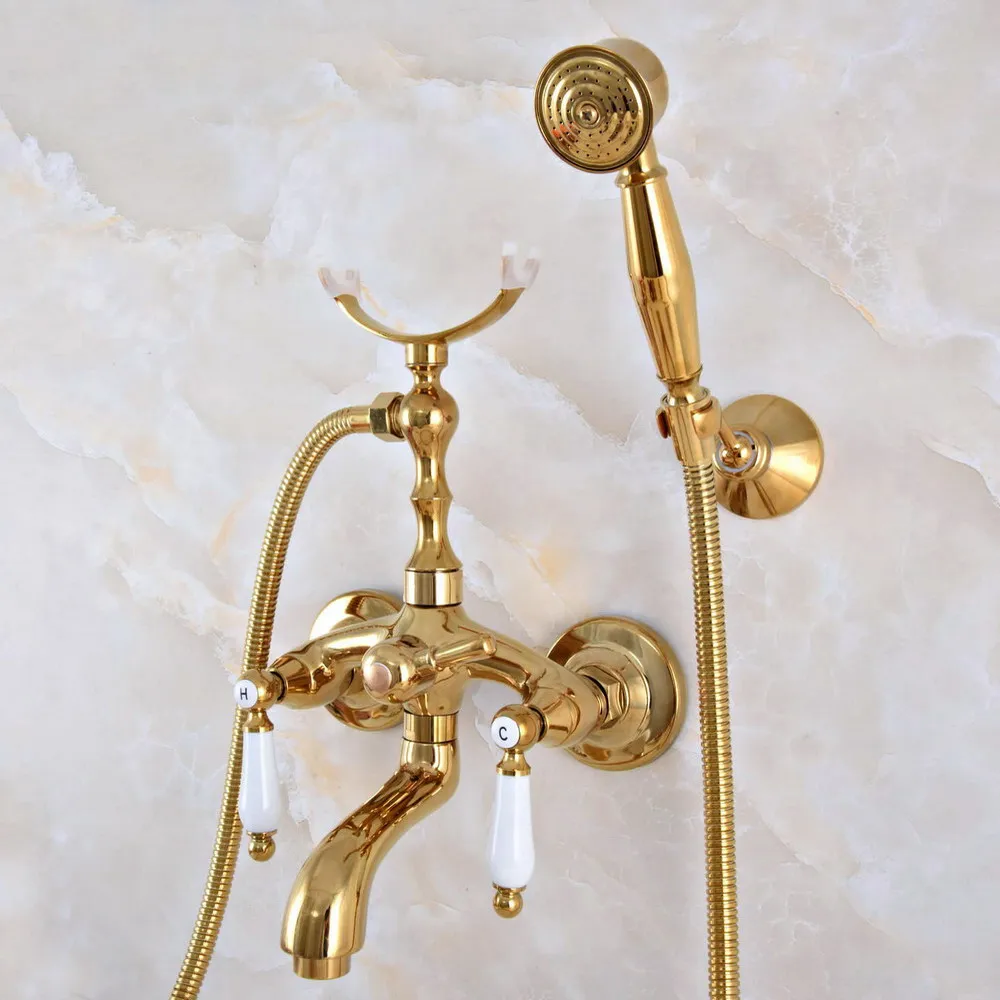 

Polished Gold Brass Double Handle Wall Mounted Bathroom Bath Tub Faucet Set with 150CM Hand Held Shower Spray Mixer Tap 2na964