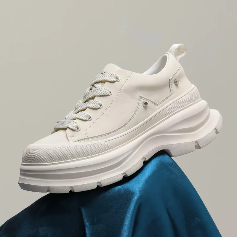Designer Luxury Thick Sole Height Increasing Men's Shoes White Cowhide Trendy Casual Sport Board Shoes Male Sneakers Outdoor