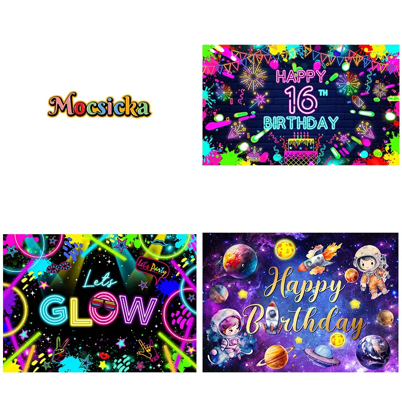 Mocsicka Party Decor Background Kids Happy Birthday Theme Colourful Neon Glitter Customisable Banner Cake Smash Studio Props