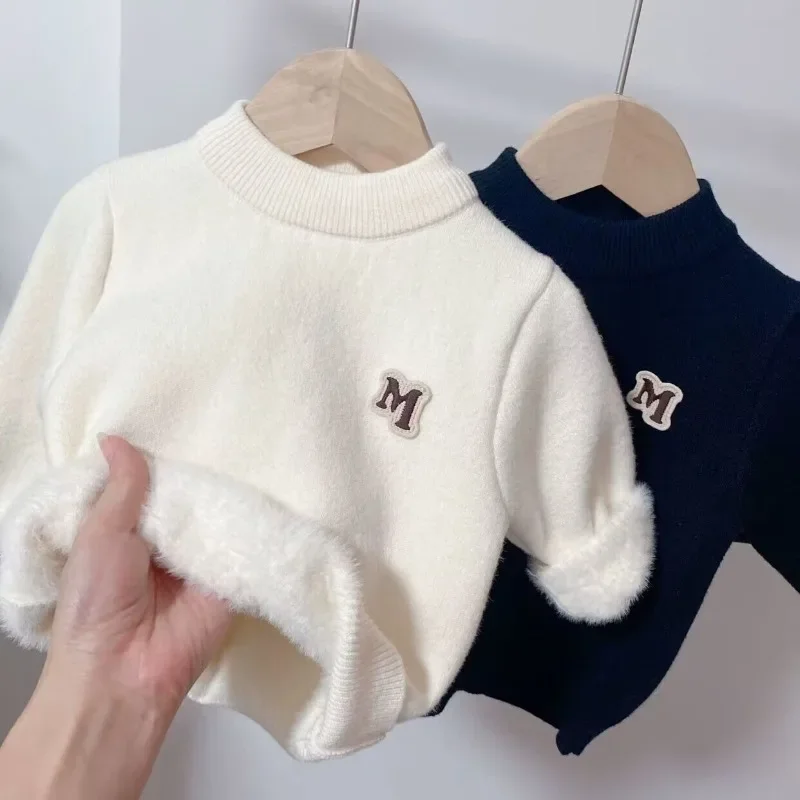 

Boys' Sweaters Padded with Velvet Pullovers Warm and Versatile New Solid Color Knitting in Autumn and Winter