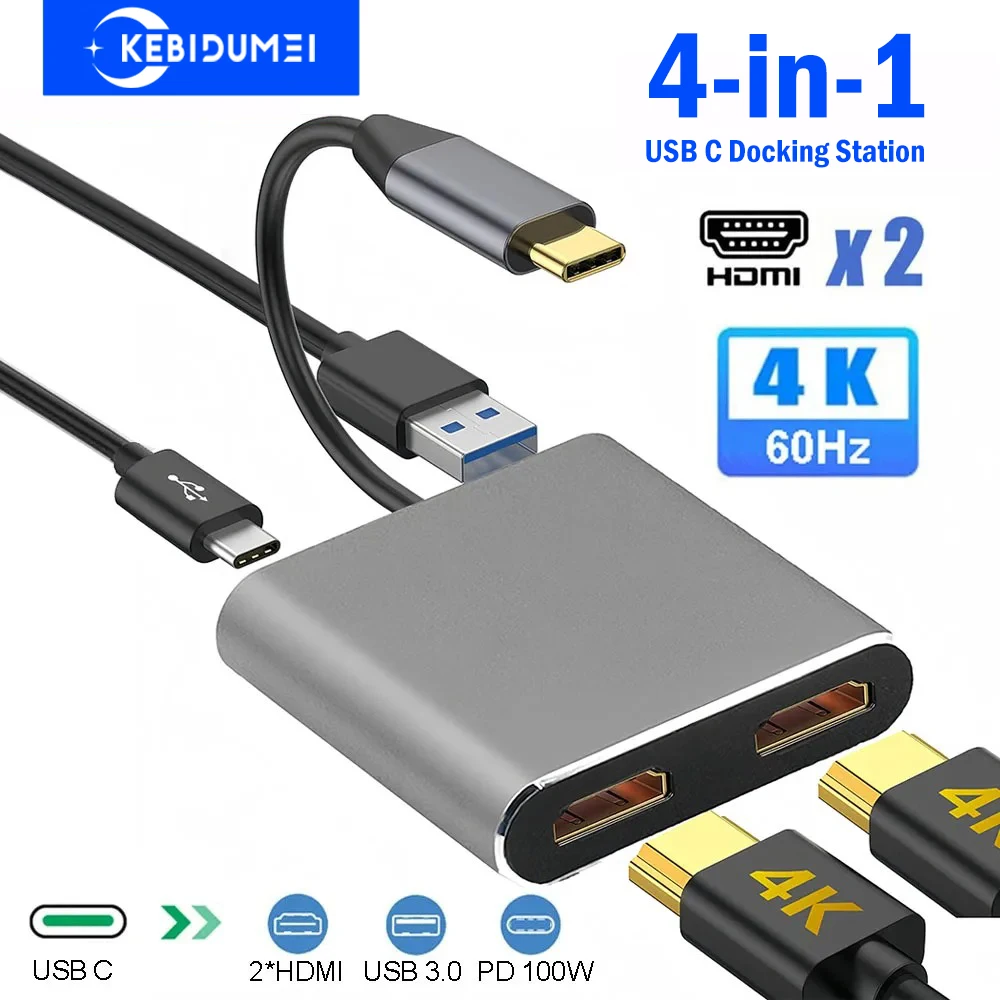 

Док-станция 4-в-1 USB C Dual HDMI 4K60Hz USB 3.0 HUB Type C to HDMI Адаптер USB C HUB TYPC C Разветвитель для ноутбука Macbook