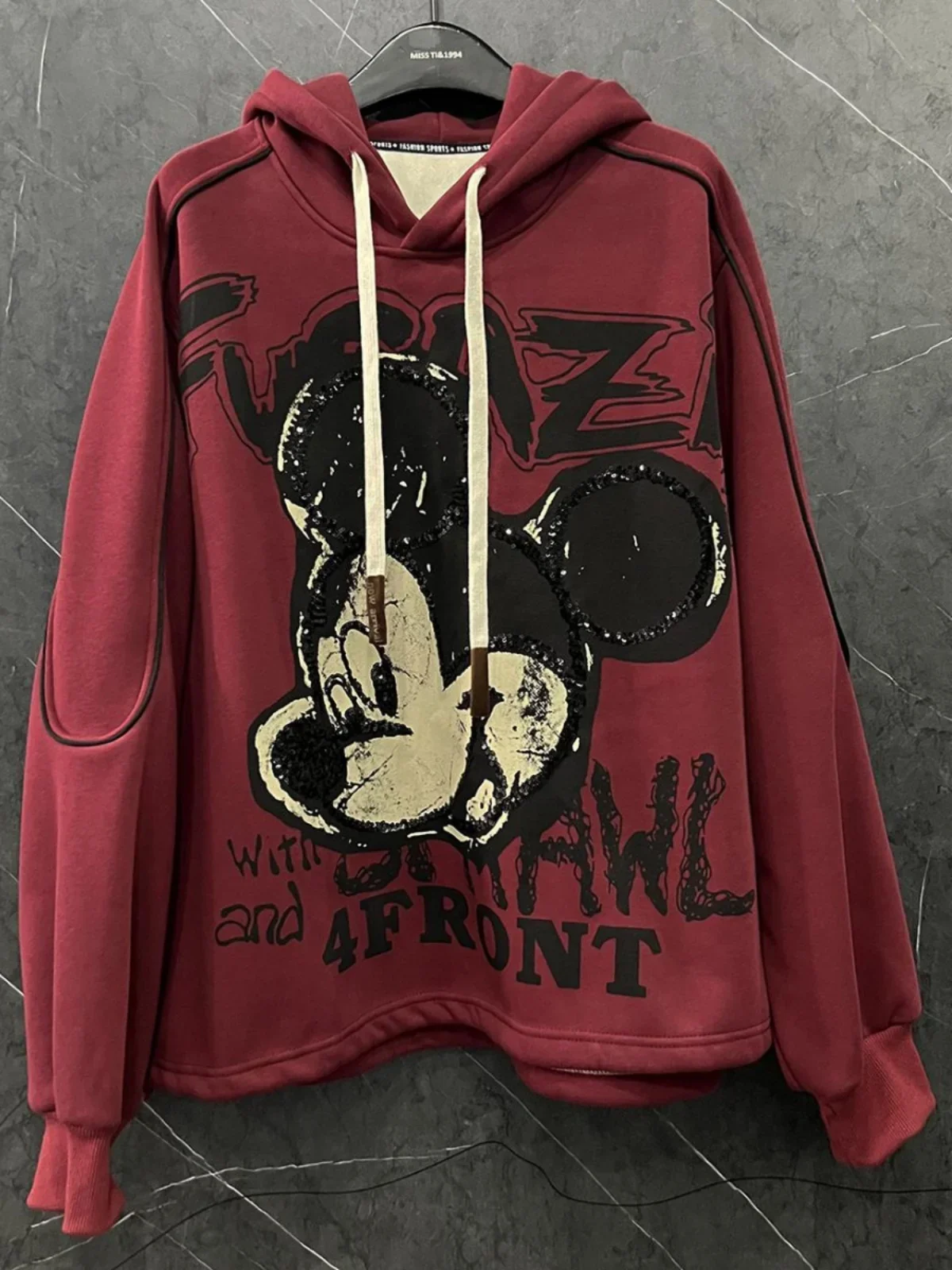 2024 Autumn and Winter New Heavy Industry Sequin Printing Cartoon Hooded Fleece Sweatshirts Women Loose Versatile Hoodies Top