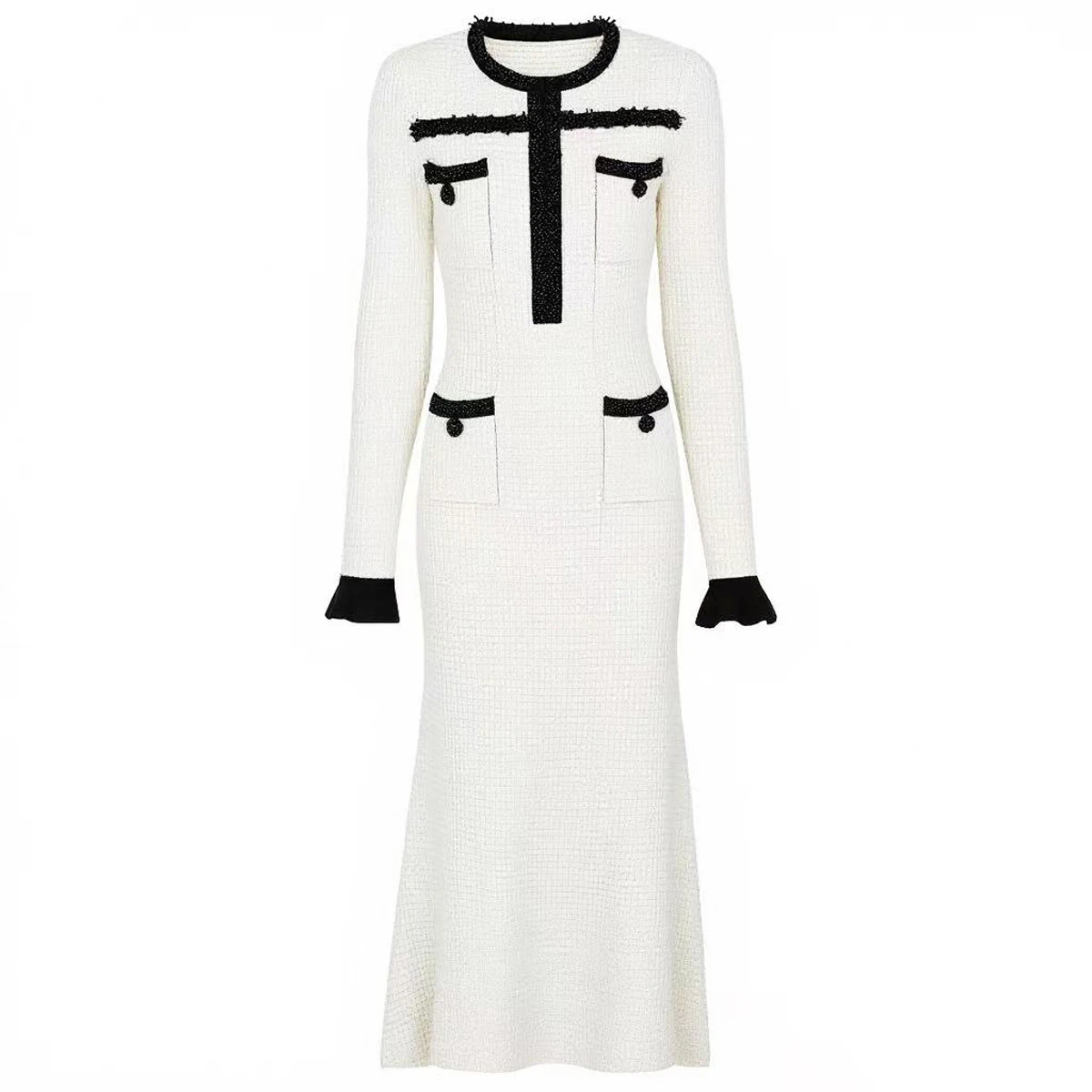 

Женское высококачественное осенне-зимнее новое стильное модное трикотажное облегающее платье с круглым вырезом и длинными рукавами, с бисером ручной работы