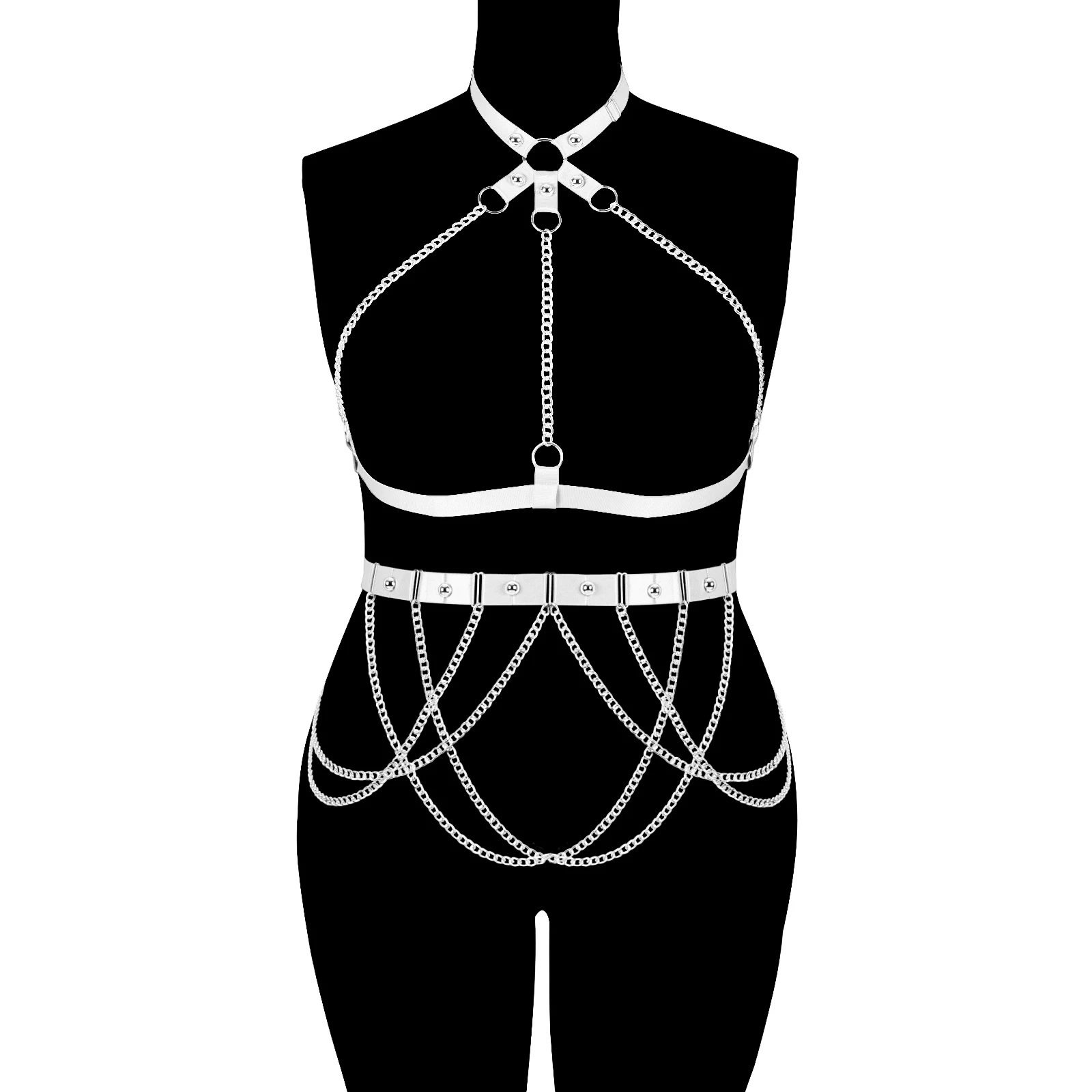 

White Sexy Hollow Out Cage Bra Strap Adjust Body Harness Wedding Bride Leg Garter Belt Goth Body Cage Bondage Harness Set