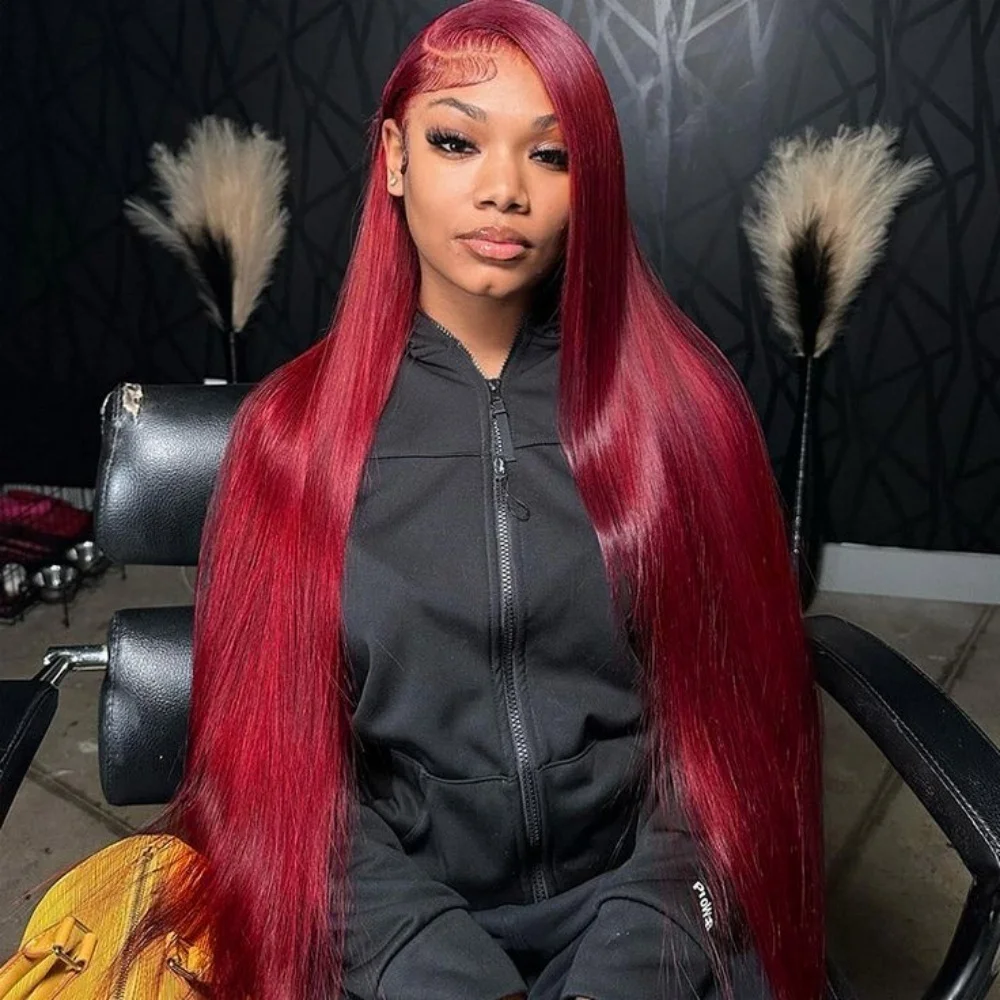 Straight 13×4 Lace Front Wigs Human Hair Burgundy Transparent Pre Plucked Red Color 220 Density Lace Frontal Wigs For Women 99J
