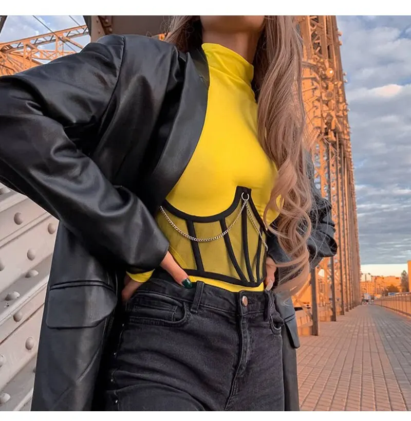 مشد نسائي أسود تحت الصدر - نمط فاسق مع سلسلة معدنية: بوستير دانتيل، تصميم حزام، مشكل منحني عالي الخصر للتخسيس #2