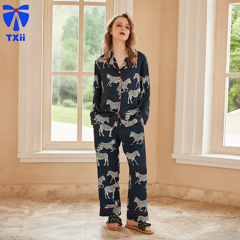 【 Dark Blue Zebra】comfortable Ice Silk Pajamas Women High-end Sense ins Style Lapel Spring/Summer Long Sleeve Home Suit 20