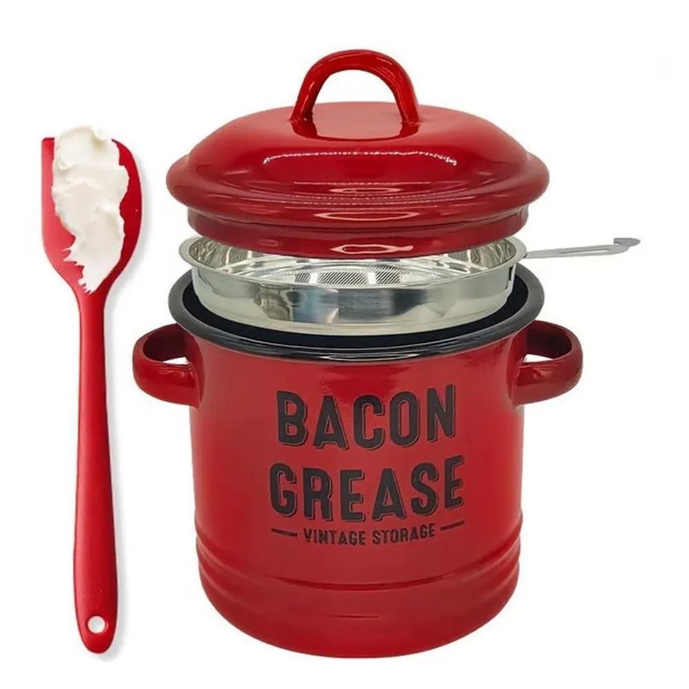 

Large 46 Oz Bacon Grease Container Enamel Cooking Up Faat Catcher Kitchen Oil Storage Can with Strainer Ceramic Bacon Grease Jar