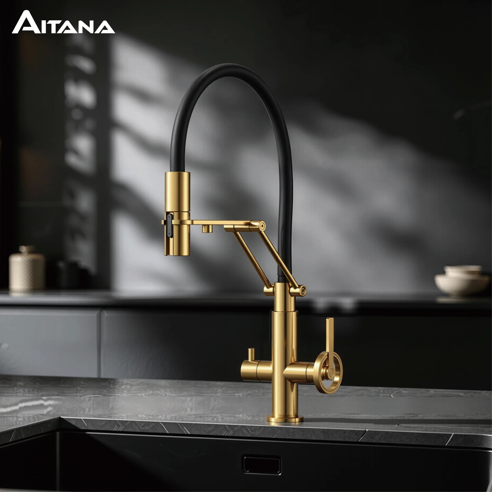 Gun Gray Brass Island Style Kitchen Faucet with Filtered Water Pull Out Sprayer. Two Handle Hot & Cold Water 2-Function Sink Mix
