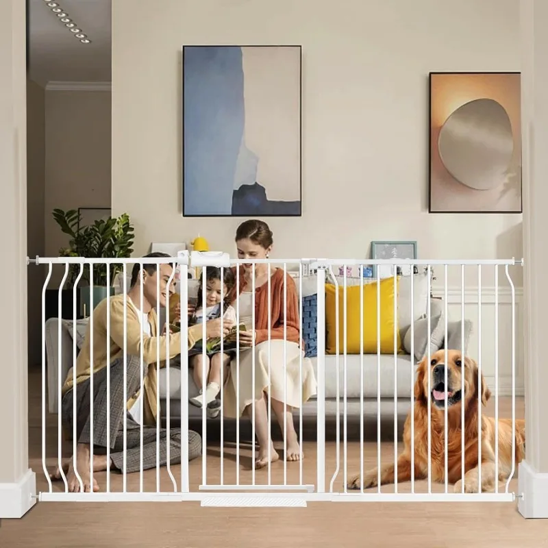 Extra Wide Baby Gate Tension Indoor Safety Gates White Metal Large Pet Gate Pressure Mounted Walk Through Long Dog Gate