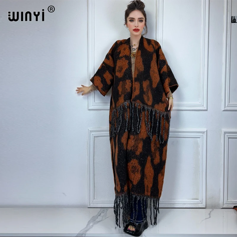 WINYI mantel bulu panjang wanita, mantel kaftan kardigan cetakan macan tutul elegan mewah longgar tebal hangat musim dingin untuk perempuan