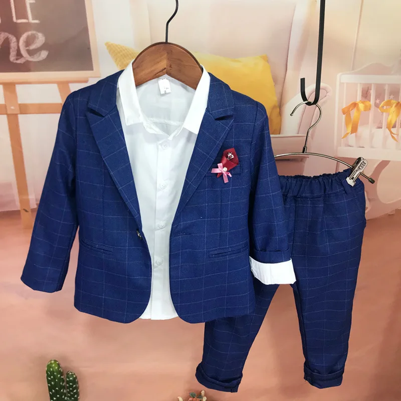 Good Quality Kids Grid Blazer Outfits New Fashion Children Suit Flower Boys Plaid Coat Pants Prom Party Tuxedo Birthday Dress