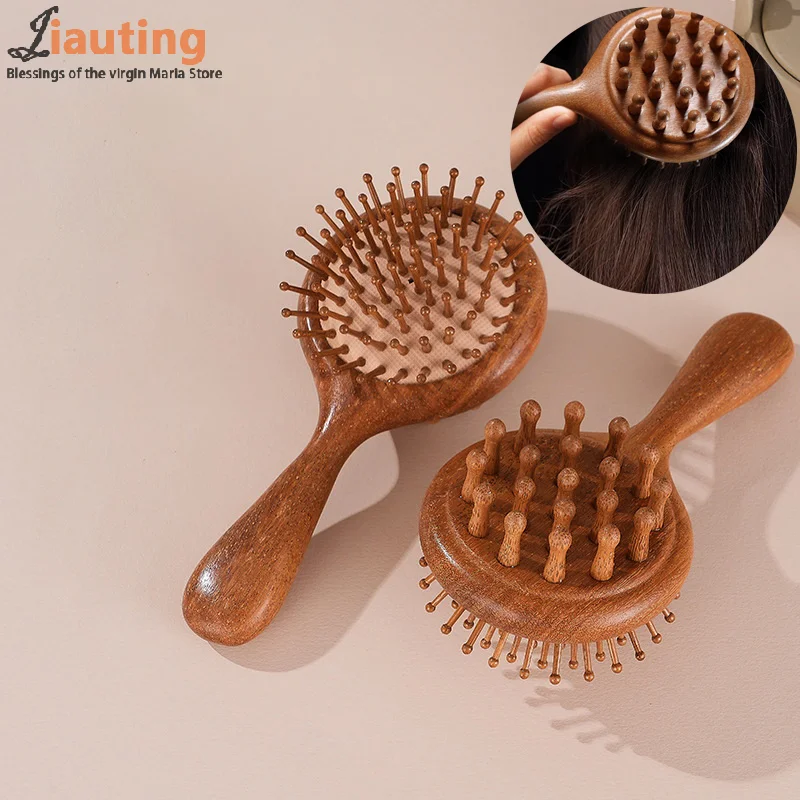 

Double-Sided Meridian Comb Scalp Therapy Massage Comb Head Caring Natural Sandalwood Round Handle Comb Scraping Body Massager