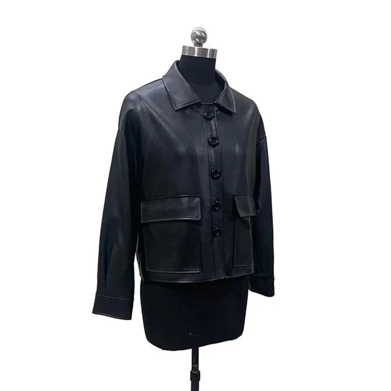 HKSH Women PU Leather Jacket Dark Korean Style Loose Casual Single Breasted Turn-Down Collar Pocket Long Sleeve Ins Coat HK27962