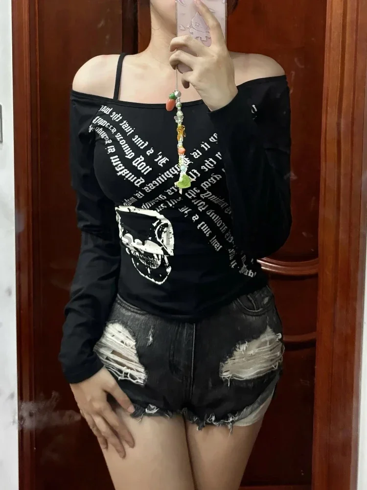 Dark Academia 2000s Retro Loose T-shirt Women Gothic Rock Punk Y2k Babes Tops High Street Skull Print Long Sleeve Casual Clothes