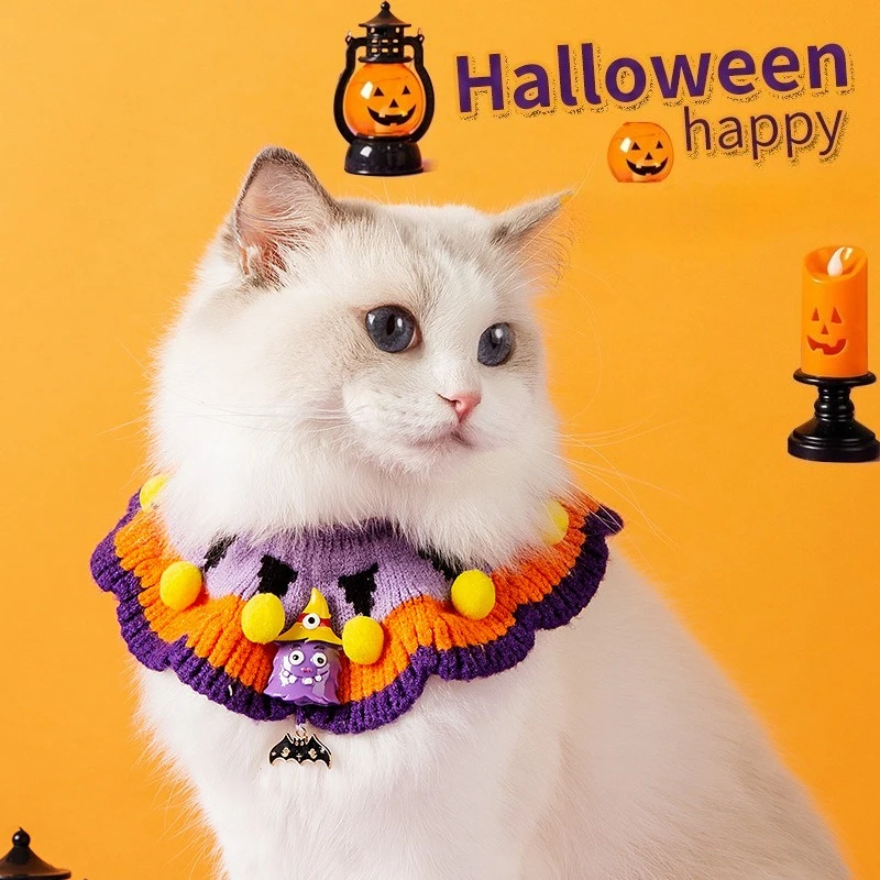 Katzenhalsband, Halloween-Kostüme für Katzen, Welpen, gestricktes Hexenhut-Halsstück für Halloween-Party-Dekoration, lustiges Kürbishut-Set