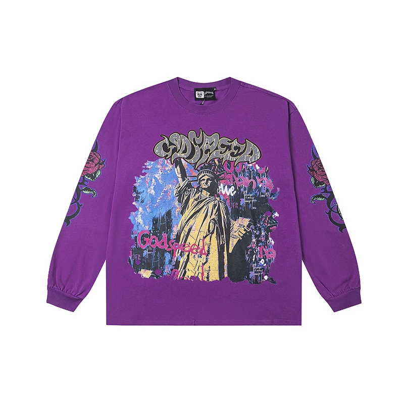 

Американская уличная футболка Y2K Godspeed в стиле ретро в стиле хип-хоп, мужская трендовая статуя Свободы с буквенным принтом GOD SPEED, с длинным рукавом