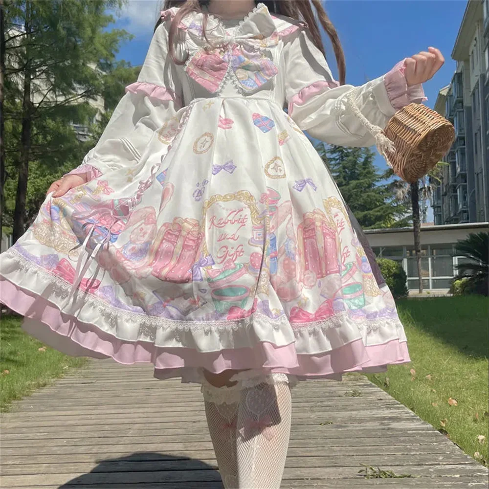 Spotkanie przy herbacie dziewczyny japoński słodki Bowknot drukowanie sukienka Lolita Kawaii kobieta kołnierz piotruś Pan bufiaste rękawy Cosplay Lolita Op