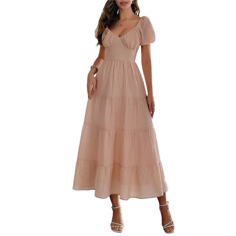 ABRT-Women's Summer Casual Midi Dress Puffy Short Sleeve V-Neck Smocked Tiered Ruffle Dresses