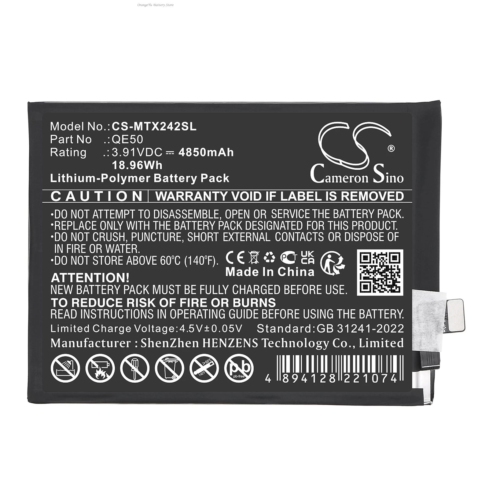 3.91V 4850mAh Battery QE50, SB18E14178, SB18E14179 for Motorola Moto G85 5G, S50 Neo 5G, XT2427, XT2427-1, XT2427-2, XT2427-3/4