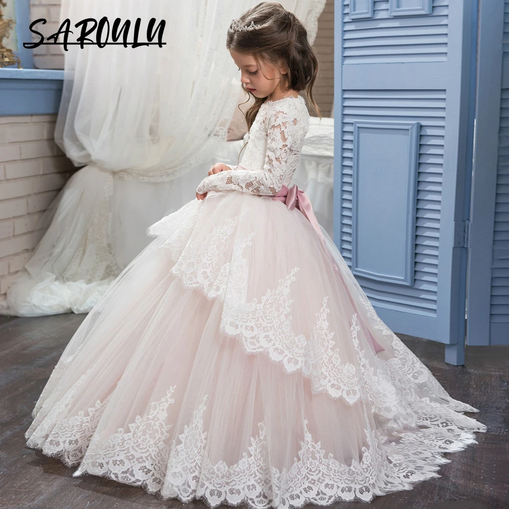 Sweet Lace Flower Girls Dresses Long Sleeves O Neck Formal Dress For Little Girls Wedding Guest Gown Birthday Party Dresses