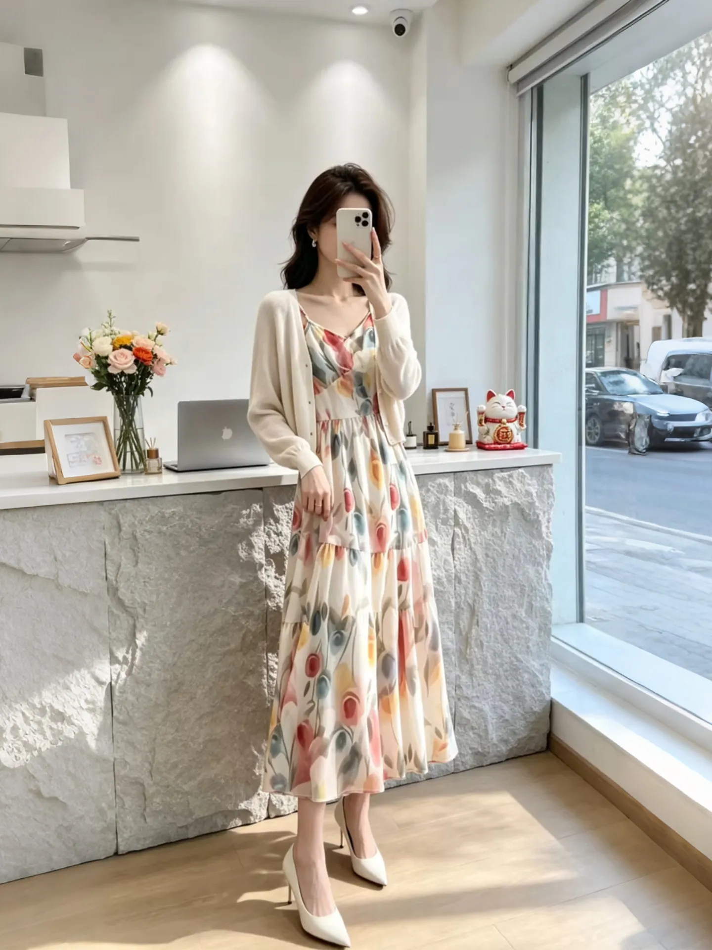 

Summer New Women's Floral Print Knitted Cardigan Sun Protection Breathable Lightweight round Neck Two-Piece Set Elegant Casual