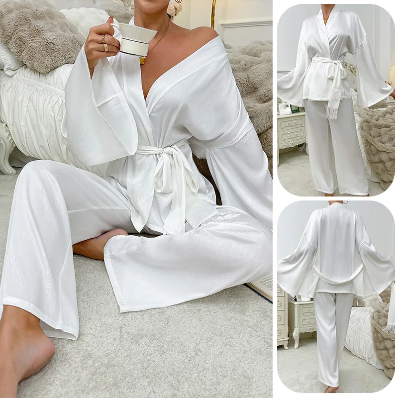 

White Female Pajamas Set Loungewear Long Sleeves Robe Trouser Pijamas Suit Loose Casual Satin Home Wear Pyjama