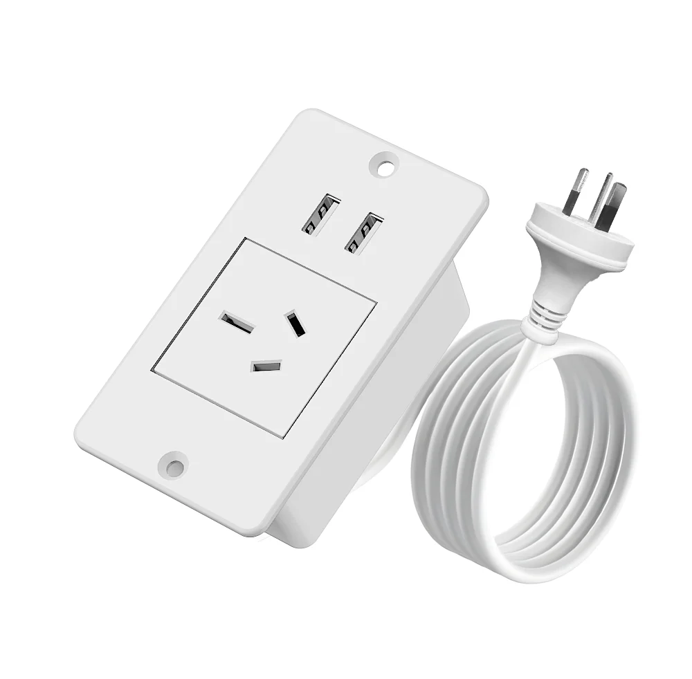 White Compact Recessed Power Strip Surge Protector 1500W 1 AC Outlet 2 USB Ports AU Standard Flush Mount Hidden Charging Station