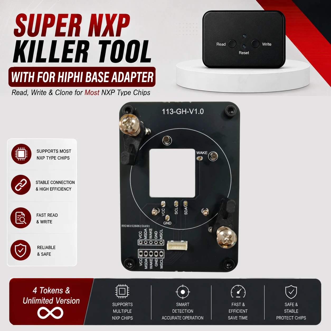 For HIPHI Key All NXP Smart Keys Clones 4 Tokens &  Unlimited Version Super NXP Killer Read Copy Device With Adapter Base