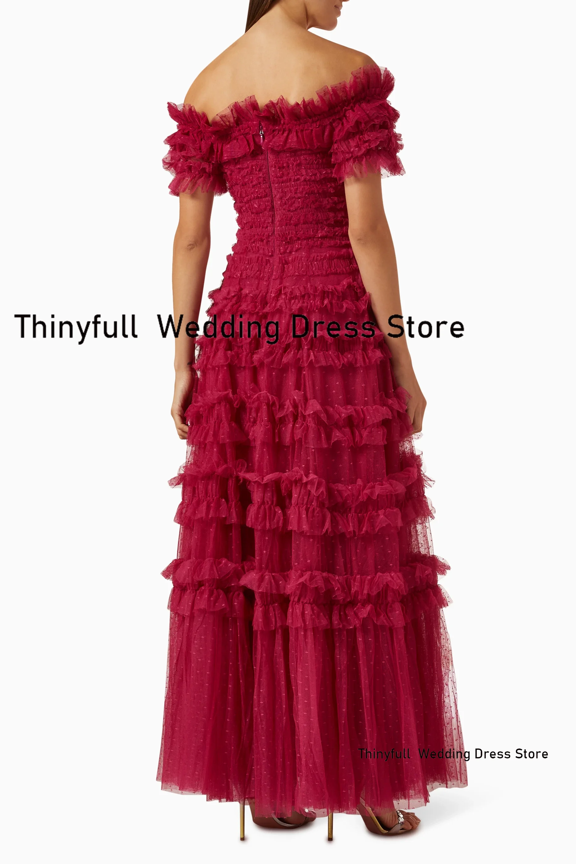 Thinyfull A-line Dotted Tulle Prom Dresses Strapless Off Shoulder Evening Party Gown Dubai Outfit Formal Occasion Dress